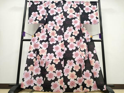平和屋着物∴夏物 浴衣 綿紅梅 流水舞梅文 綿 逸品 未使用 CABA0648ng