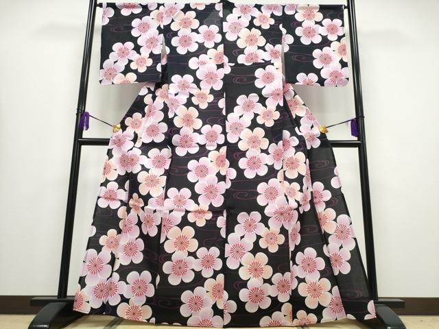 平和屋着物∴夏物 浴衣 綿紅梅 流水舞梅文 綿 逸品 未使用 CABA0648ng