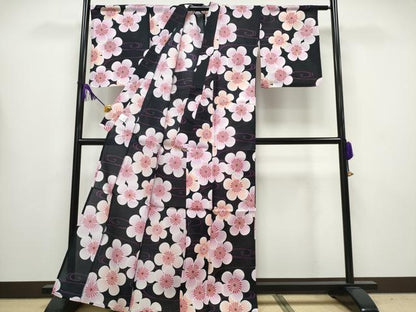 平和屋着物∴夏物 浴衣 綿紅梅 流水舞梅文 綿 逸品 未使用 CABA0648ng