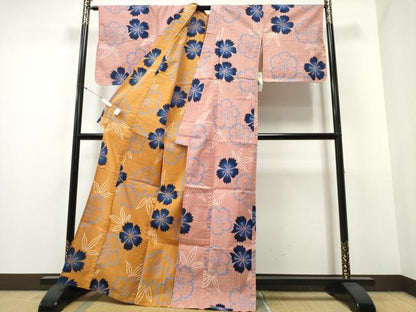 平和屋着物∴夏物 浴衣 リバーシブル 舞花文 鈴乃屋扱い 綿 逸品 未使用 CABA0650ng