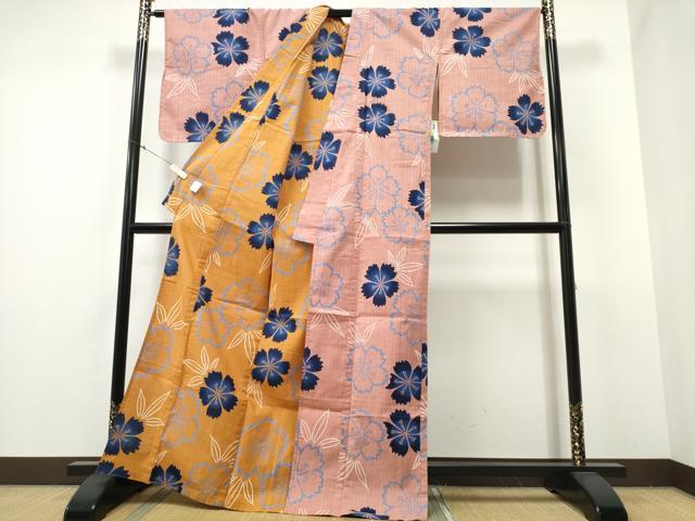平和屋着物∴夏物 浴衣 リバーシブル 舞花文 鈴乃屋扱い 綿 逸品 未使用 CABA0650ng