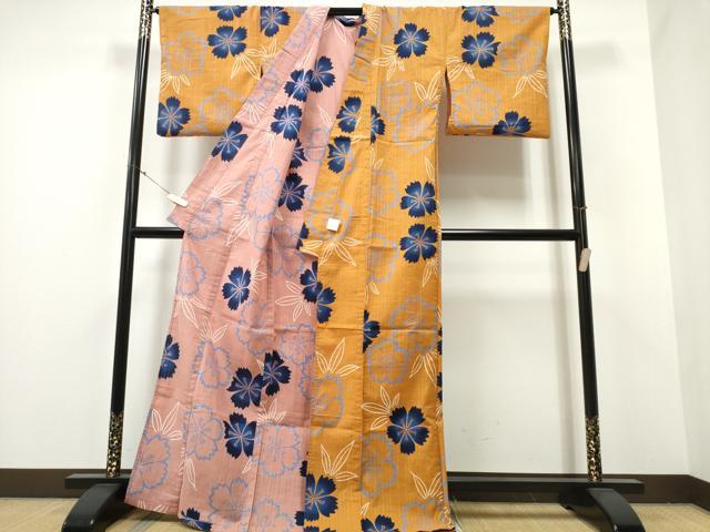 平和屋着物∴夏物 浴衣 リバーシブル 舞花文 鈴乃屋扱い 綿 逸品 未使用 CABA0650ng