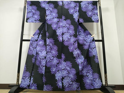 平和屋着物∴夏物 浴衣 綿紅梅 菊文 ラメ糸 黒地 綿 逸品 CABA0651ng