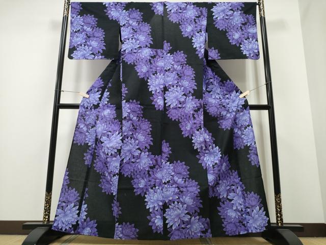 平和屋着物∴夏物 浴衣 綿紅梅 菊文 ラメ糸 黒地 綿 逸品 CABA0651ng