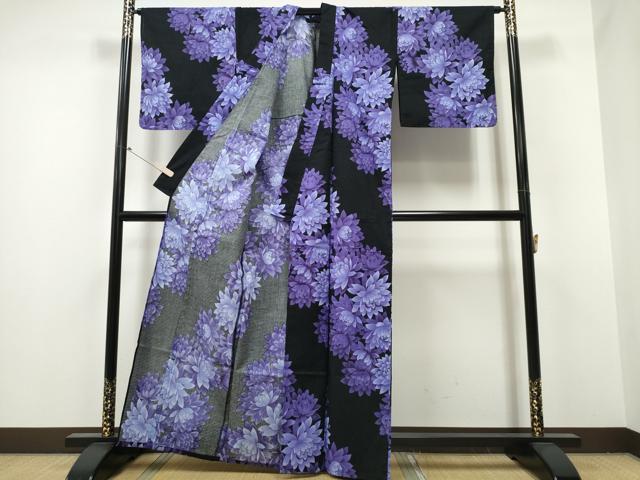 平和屋着物∴夏物 浴衣 綿紅梅 菊文 ラメ糸 黒地 綿 逸品 CABA0651ng