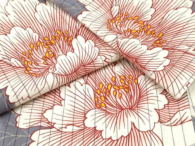 平和屋着物∴夏物　浴衣　牡丹　間道　綿麻　逸品　CABA0652ng 平和屋着物∴夏物 浴衣 牡丹 間道 綿麻 逸品 CABA0652ng