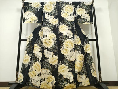 平和屋着物∴夏物 浴衣 牡丹 黒地 金彩 綿 逸品 CABA0653ng
