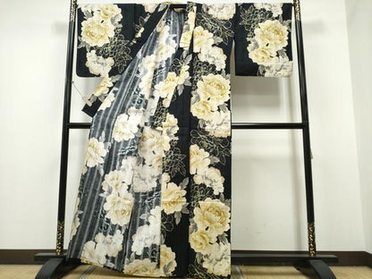 平和屋着物∴夏物 浴衣 牡丹 黒地 金彩 綿 逸品 CABA0653ng