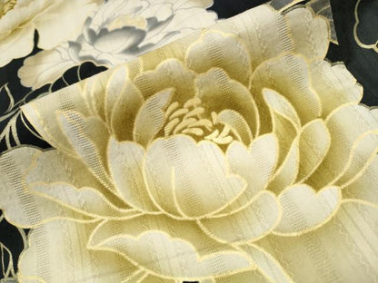 平和屋着物∴夏物 浴衣 牡丹 黒地 金彩 綿 逸品 CABA0653ng