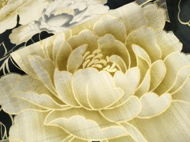 平和屋着物∴夏物 浴衣 牡丹 黒地 金彩 綿 逸品 CABA0653ng