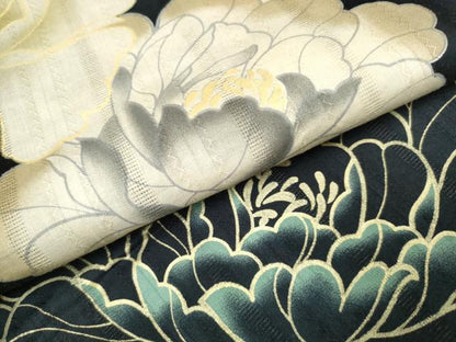 平和屋着物∴夏物 浴衣 牡丹 黒地 金彩 綿 逸品 CABA0653ng