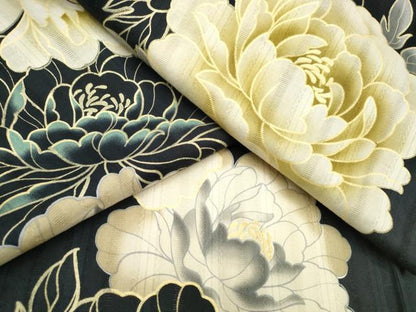 平和屋着物∴夏物 浴衣 牡丹 黒地 金彩 綿 逸品 CABA0653ng