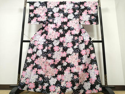 平和屋着物∴夏物 浴衣 舞花文 黒地 綿 逸品 CABA0654ng