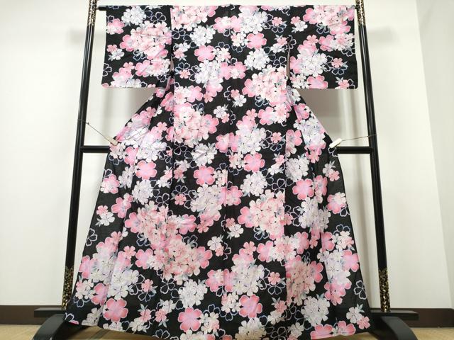 平和屋着物∴夏物 浴衣 舞花文 黒地 綿 逸品 CABA0654ng