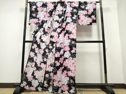 平和屋着物∴夏物 浴衣 舞花文 黒地 綿 逸品 CABA0654ng