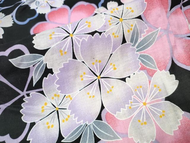 平和屋着物∴夏物 浴衣 舞花文 黒地 綿 逸品 CABA0654ng