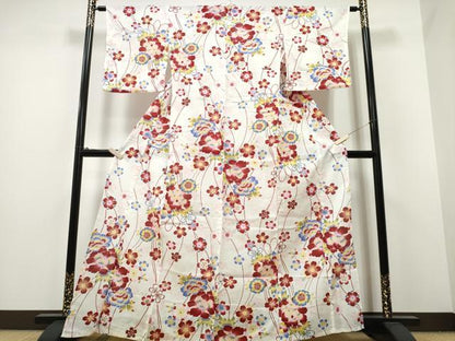 平和屋着物∴夏物 浴衣 綿紅梅 牡丹花文 綿 逸品 CABA0658ng