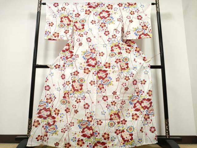 平和屋着物∴夏物 浴衣 綿紅梅 牡丹花文 綿 逸品 CABA0658ng