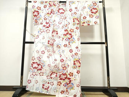 平和屋着物∴夏物 浴衣 綿紅梅 牡丹花文 綿 逸品 CABA0658ng