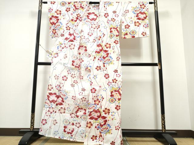 平和屋着物∴夏物 浴衣 綿紅梅 牡丹花文 綿 逸品 CABA0658ng