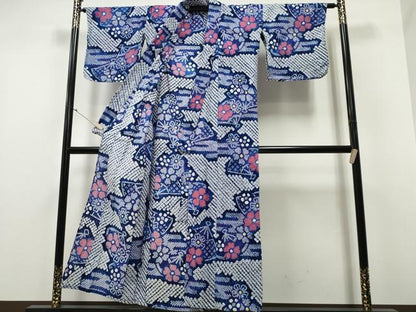 平和屋着物∴夏物 浴衣 有松鳴海絞り エ霞扇面花文 綿 逸品 CABA0668ng