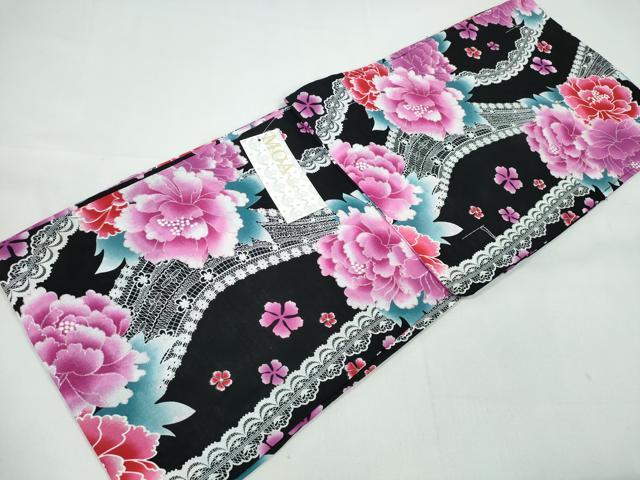 平和屋着物∴夏物 浴衣 ラメ レース牡丹花文 黒地 綿 逸品 未使用 CABA0707ng