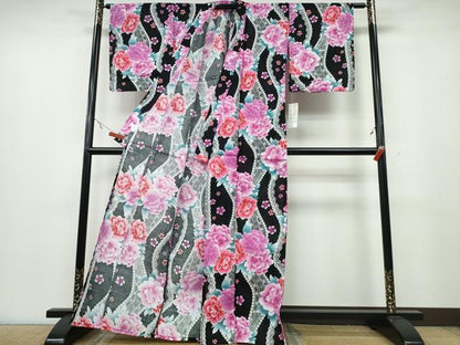 平和屋着物∴夏物 浴衣 ラメ レース牡丹花文 黒地 綿 逸品 未使用 CABA0707ng
