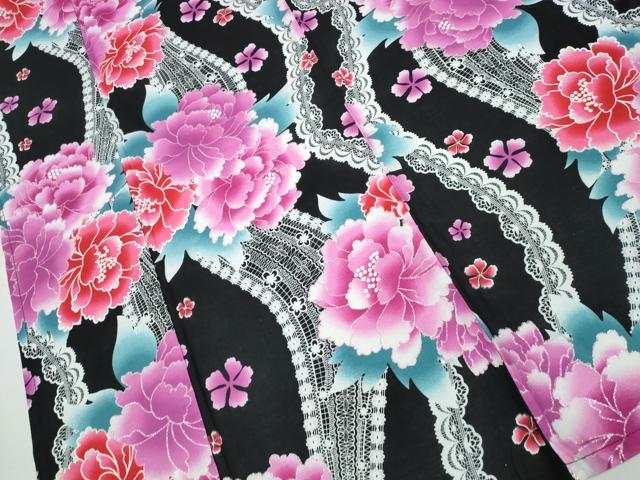 平和屋着物∴夏物 浴衣 ラメ レース牡丹花文 黒地 綿 逸品 未使用 CABA0707ng