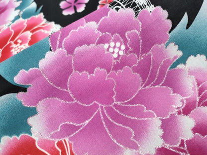 平和屋着物∴夏物 浴衣 ラメ レース牡丹花文 黒地 綿 逸品 未使用 CABA0707ng