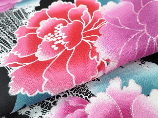 平和屋着物∴夏物 浴衣 ラメ レース牡丹花文 黒地 綿 逸品 未使用 CABA0707ng