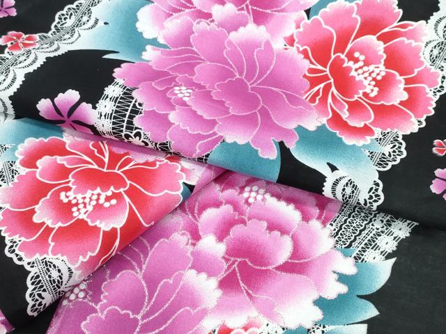 平和屋着物∴夏物 浴衣 ラメ レース牡丹花文 黒地 綿 逸品 未使用 CABA0707ng