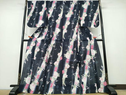 平和屋着物∴夏物 浴衣 ラメ 竹縞牡丹花文 黒地 綿 逸品 CABA0709ng