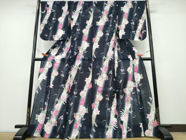 平和屋着物∴夏物 浴衣 ラメ 竹縞牡丹花文 黒地 綿 逸品 CABA0709ng