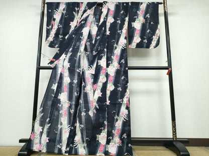 平和屋着物∴夏物 浴衣 ラメ 竹縞牡丹花文 黒地 綿 逸品 CABA0709ng