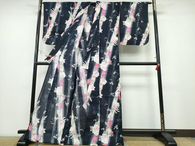 平和屋着物∴夏物 浴衣 ラメ 竹縞牡丹花文 黒地 綿 逸品 CABA0709ng