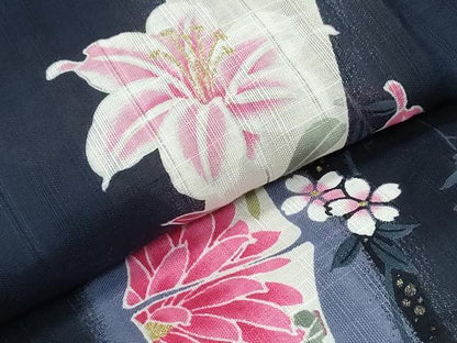 平和屋着物∴夏物 浴衣 ラメ 竹縞牡丹花文 黒地 綿 逸品 CABA0709ng