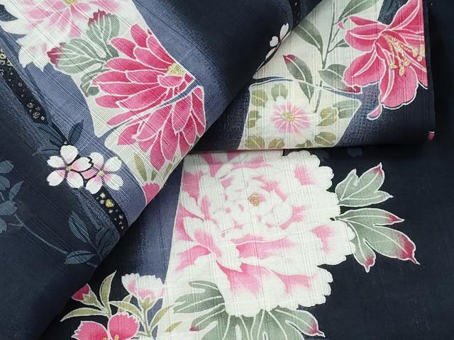 平和屋着物∴夏物 浴衣 ラメ 竹縞牡丹花文 黒地 綿 逸品 CABA0709ng