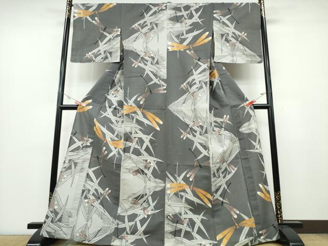 平和屋着物∴夏物　浴衣　型染め　トンボ　蜻蛉　水辺草木文　綿　逸品　CABA0711ng 平和屋着物∴夏物 浴衣 型染め トンボ 蜻蛉 水辺草木文 綿 逸品 CABA0711ng