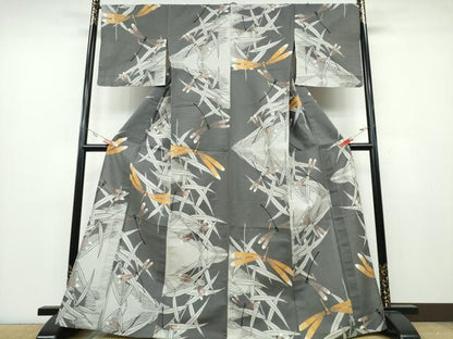 平和屋着物∴夏物 浴衣 型染め トンボ 蜻蛉 水辺草木文 綿 逸品 CABA0711ng