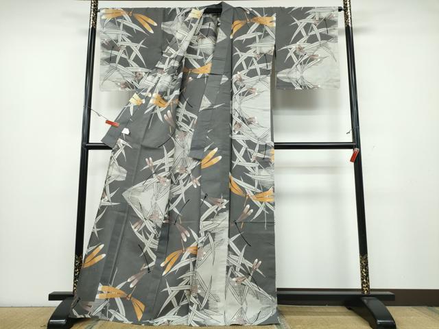 平和屋着物∴夏物　浴衣　型染め　トンボ　蜻蛉　水辺草木文　綿　逸品　CABA0711ng 平和屋着物∴夏物 浴衣 型染め トンボ 蜻蛉 水辺草木文 綿 逸品 CABA0711ng