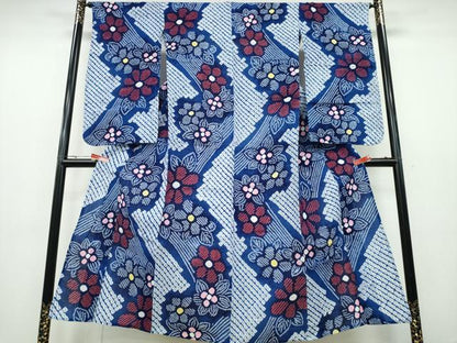 平和屋着物∴夏物 浴衣 有松鳴海絞り よろけ縞舞花文 綿 逸品 CABA0718ng