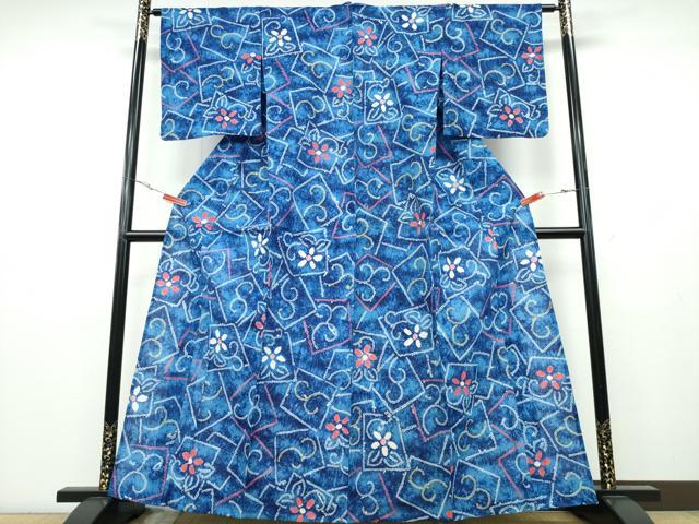 平和屋着物∴夏物 浴衣 有松鳴海絞り 色紙花唐草文 綿 逸品 CABA0723ng