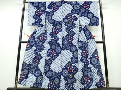 平和屋着物∴夏物 浴衣 有松鳴海絞り 流水花文 綿 逸品 CABA0724ng