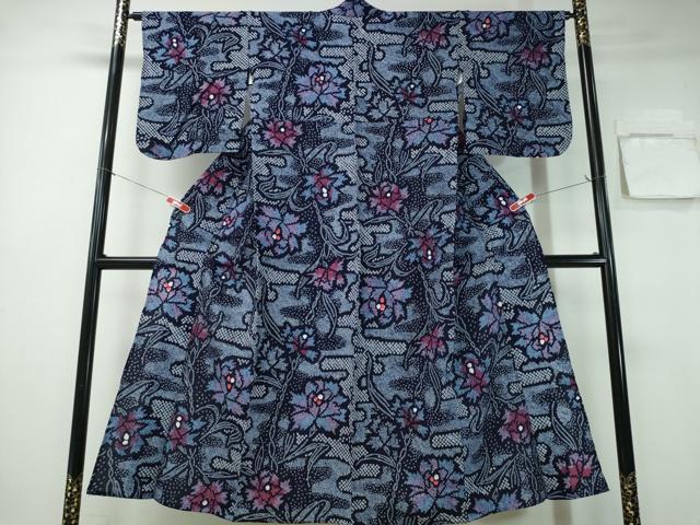 平和屋着物∴夏物　浴衣　有松鳴海絞り　エ霞草花文　綿　逸品　CABA0745ng