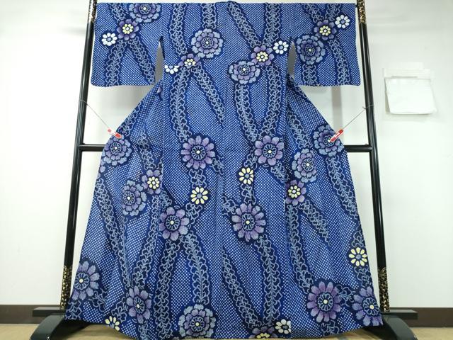 平和屋着物∴夏物 浴衣 有松鳴海絞り 舞葉花文 綿 逸品 CABA0755ng