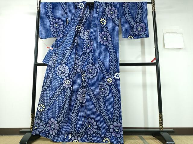 平和屋着物∴夏物 浴衣 有松鳴海絞り 舞葉花文 綿 逸品 CABA0755ng