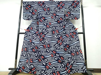 平和屋着物∴夏物 浴衣 有松鳴海絞り 蜻蛉 トンボ 流水文 綿 逸品 CABA0783ng