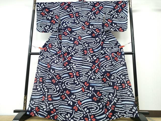 平和屋着物∴夏物 浴衣 有松鳴海絞り 蜻蛉 トンボ 流水文 綿 逸品 CABA0783ng