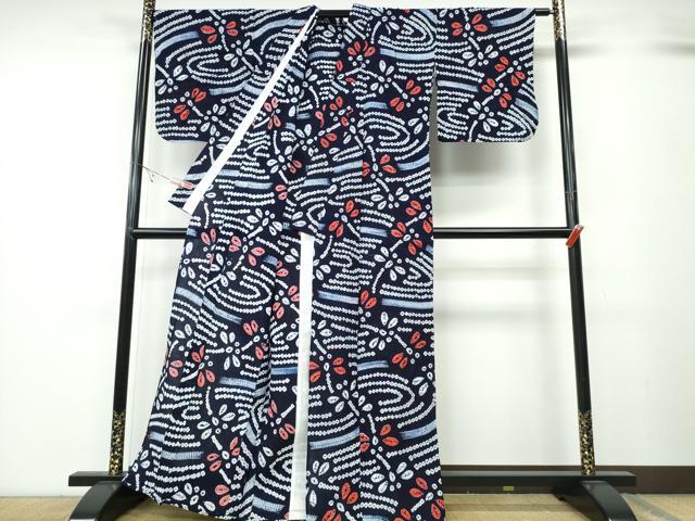 平和屋着物∴夏物 浴衣 有松鳴海絞り 蜻蛉 トンボ 流水文 綿 逸品 CABA0783ng
