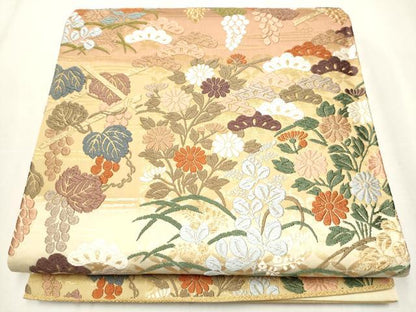 平和屋着物●六通柄袋帯　唐織　葡萄蔦の葉文　金糸　正絹　逸品　CABA0817hy